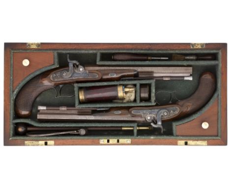 A CASED PAIR OF 25 BORE PERCUSSION OFFICER'S PISTOLS BY REYNOLDS, BIRMINGHAM PROOF MARKS, MID-19TH CENTURY each with signed b