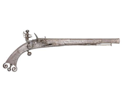 A FINE 22 BORE SCOTTISH FLINTLOCK BELT PISTOL FORMED ENTIRELY OF STEEL, BY JOHN CAMPBELL, DOUNE, CIRCA 1710 with tapering mul