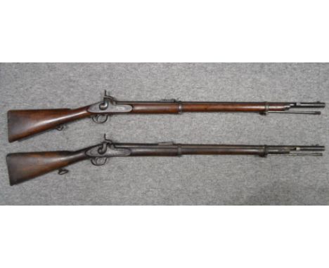 TWO .577 CALIBRE PERCUSSION SHORT 1856 PATTERN TWO BAND RIFLED CARBINES, THE FIRST DATED 1866 the first of regulation type, t