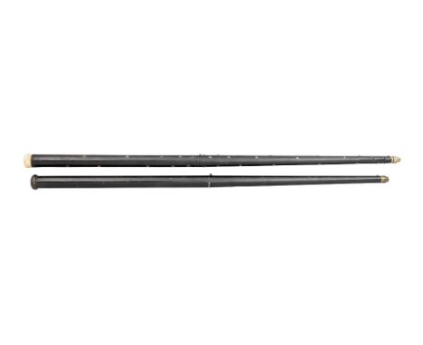 TWO RIFLED AIRCANES, LATE 19TH CENTURY the first .32 calibre, with rifled barrel sleeved in brass, with provision for a stud 