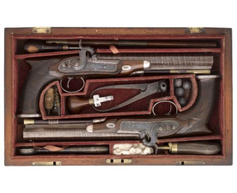 A FINE PAIR OF .750 CALIBRE SILVER-MOUNTED PERCUSSION RIFLED OFFICER'S PISTOLS BY HORSFALL, BARNSLEY, BIRMINGHAM PROOF MARKS,