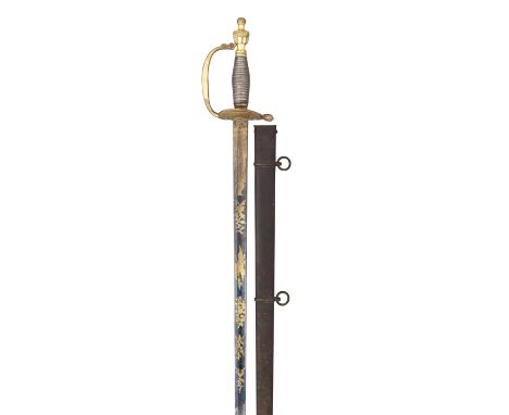 A 1796 PATTERN INFANTRY OFFICER'S SWORD of regulation type, the blade etched with foliage and trophies on a blued panel on ea