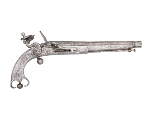 A 32 BORE SCOTTISH FLINTLOCK BELT PISTOL FORMED ENTIRELY OF STEEL, SIGNED WB, SECOND QUARTER OF THE 18TH CENTURY with taperin