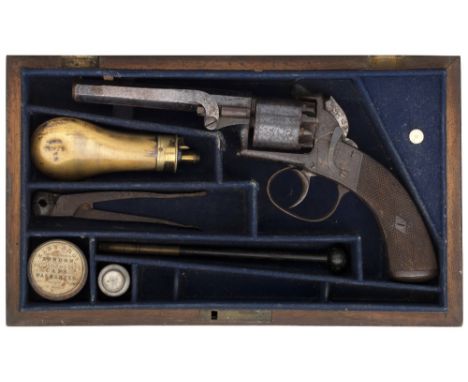 A CASED 80 BORE FIVE-SHOT SELF-COCKING PERCUSSION REVOLVER, BIRMINGHAM PROOF MARKS, CIRCA 1860 with blued sighted octagonal b