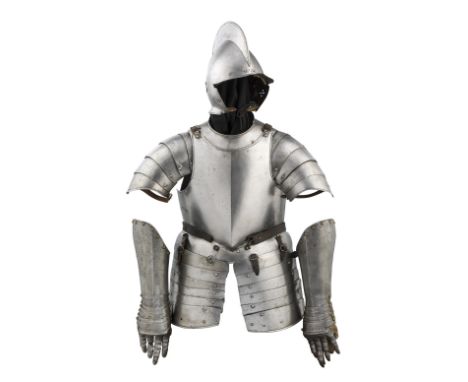 A COMPOSITE SOUTH GERMAN LIGHT FIELD ARMOUR WITH TRACES OF ENGRAVED DECORATION, CIRCA 1600 comprising burgonet with rounded t