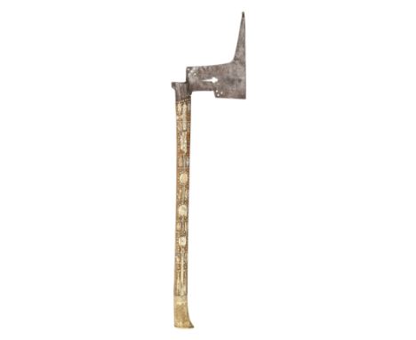 A SAXON MINER'S GUILD AXE, DATED 166- with flat iron head of characteristic form pierced with a slipped quatrefoil and circle