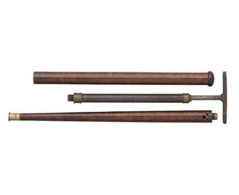A CASED .32 CALIBRE AIR CANE, LATE 19TH CENTURY with rifled barrel sleeved in brass (ramrod missing), button trigger at the b