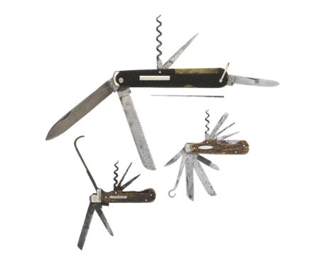 THREE FOLDING KNIVES, 19TH CENTURY the first by W. Morton & Sons, Sheffield, with folding blade and saw blade each signed at 