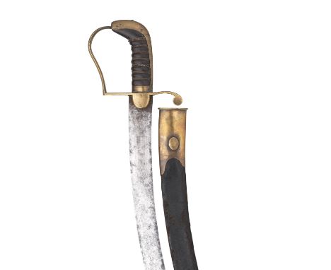 AN OFFICER'S SWORD, EARLY 19TH CENTURY with curved blade double-edged towards the tip, brass stirrup hilt with rounded langet