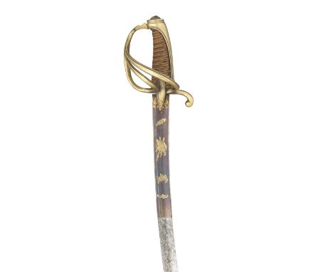 A FRENCH ANXI LIGHT CAVALRY OFFICER'S SWORD with curved blade double-edged towards the tip, formed with a long fuller, etched