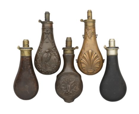 A LARGE COLLECTION OF POWDER AND SHOT-FLASKS, 19TH CENTURY AND LATER the first a Sykes Patent, with graduated nickel nozzle, 