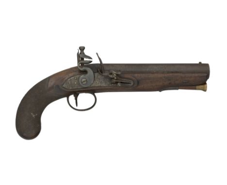 A 10 BORE FLINTLOCK PISTOL BY HENRY NOCK, CIRCA 1800 with tapering sighted barrel, signed stepped lock fitted with roller (co