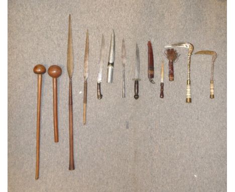 TWO BANOCHIE TRIBAL AXES (LOHAR), TWO AFRICAN CLUBS (KNOBKERRY), THREE SPEARS AND THREE DAGGERS each of characteristic form, 