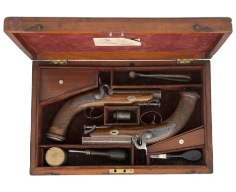 A CASED PAIR OF 28 BORE TRAVELLING PISTOLS, MID-19TH CENTURY each with browned twist sighted barrel stamped 'W. Ellis' beneat