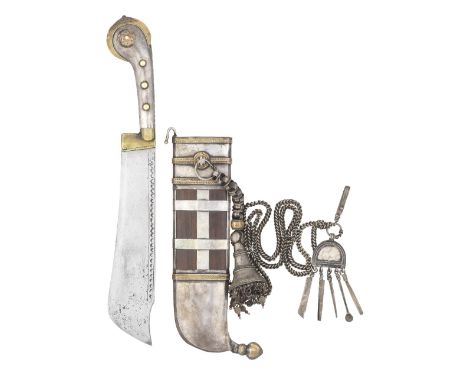 A COORG DAGGER (PICHANGATTI), 19TH CENTURY with hatchet blade formed with a clipped-back point and decorated with scrolls alo