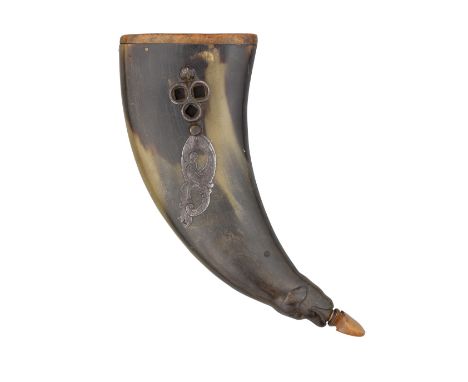 AN AUSTRIAN COMBINATION POWDER HORN AND WHEEL-LOCK SPANNER,MID-18TH CENTURY with curved body of flattened horn, carved with a