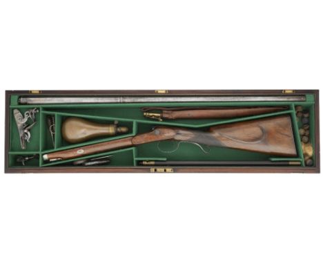 A CASED 14 BORE FLINTLOCK SPORTING GUN SIGNED NOCK, LONDON, BIRMINGHAM PROOF MARKS, CIRCA 1820 reconverted from percussion, w