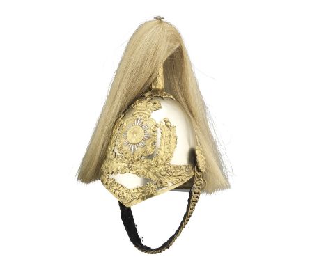 A VICTORIAN OTHER RANKS HELMET FOR THE QUEENS OWN GLASGOW YEOMANARY,  with white metal skull, brass fittings, brass chin-scal