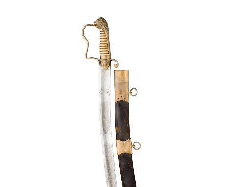 ˜AN OFFICER'S SWORD, LATE 18TH/EARLY 19TH CENTURY with curved fullered blade with traces of etched Royal arms, brass stirrup 