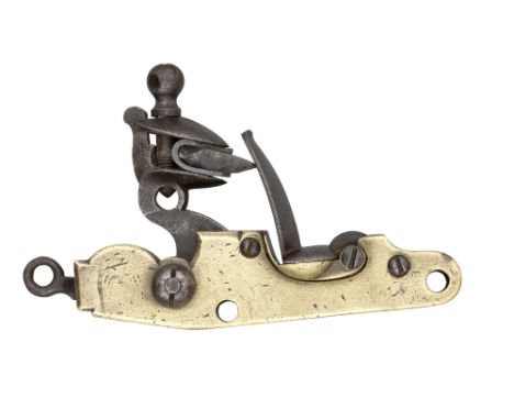 A DETACHED FLINTLOCK MECHANISM FOR A CANNON, EARLY 19TH CENTURY with brass body stamped with crowned Ordnance mark and '3' cr