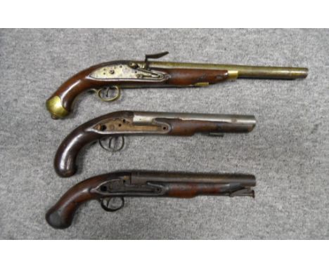 A FLINTLOCK MILITARY PISTOL AND THE BARRELS AND STOCKS OF TWO FURTHER MILITARY PISTOLS, EARLY 19TH CENTURY with first with ta