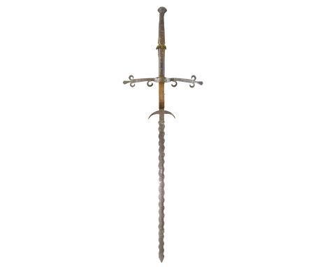 A COMPOSITE GERMAN TWO-HAND SWORD, EARLY 17TH CENTURY AND LATER with double-edged wavy blade of flattened-diamond section, th