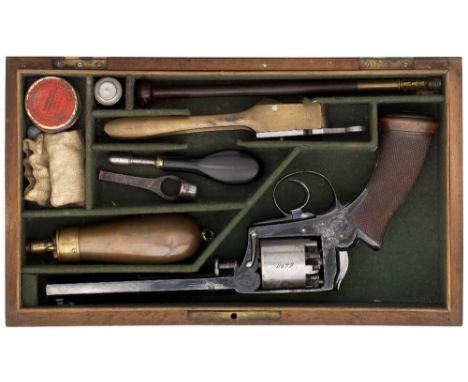 A CASED 54 BORE DEANE-ADAMS 1851 MODEL FIVE-SHOT SELF-COCKING PERCUSSION REVOLVER RETAILED BY AUGUSTE FRANCOTTE UNDER LICENSE