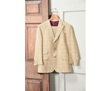 A MULBERRY MEN'S SUIT THE ROGER SAUL COLLECTION A beige linen and silk overcheck three button 2 piece suit (trousers and a ja