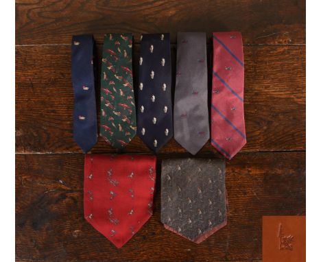 A GROUP OF MULBERRY TIES AND CRAVATS OF HUNTING, SHOOTING AND SPORTING THEME  FIVE MULBERYY SILK TIES, three with ducks, one 