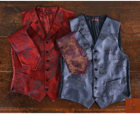 MULBERRY WAISTCOATS AND CRAVATS TWO MULBERRY SILK WAISTCOATS, one red, the other in blue Muscat grapes design with matching s