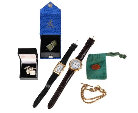 MULBERRY, TWO WRISTWATCHES, TWO PAIRS OF CUFFLINKS AND A WATCH CHAIN To include: a gold plated chronograph wristwatch with da