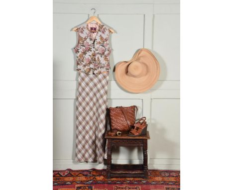 A LADIES MULBERRY LINEN OUTFIT  COMPRISING A SKIRT, WAISTCOAT, HANDBAG, PAIR OF SHOES, HAT AND TWO BELTS A Mulberry A-line li