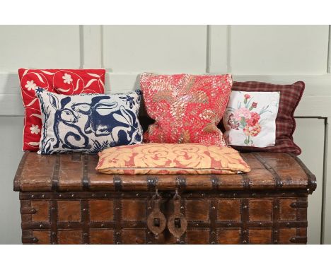 FIVE VARIOUS CUSHIONS, SOME MULBERRY HOME without labels smallest approximately 40 x 40cm, one cushion filled with beans, 60 