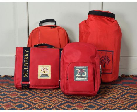 FOUR RED MULBERRY SPORTING PURSUITS BAGS  All weather briefcase approximately 40 x 30cm, 25th Anniversary backpack approximat