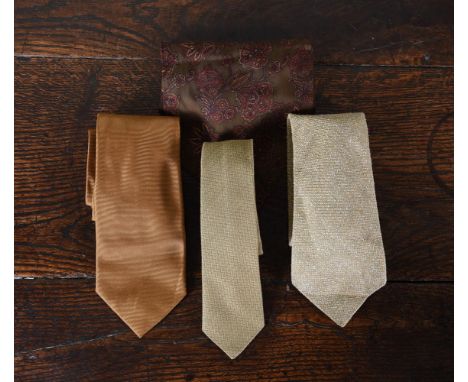MULBERRY CRAVATS AND TIES  Comprising of:  A MULBERRY LIGHT GREEN MATISSE WEAVE TIE, AND ANOTHER IN GOLD, both 100% silk and 