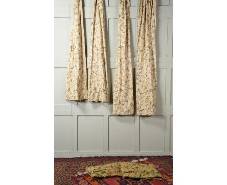 THREE PAIRS OF MULBERRY LINEN CURTAINS Comprising: TWO PAIRS OF LONG, BEIGE, PARTRIDGE IN A CHERRY TREE PATTERN CURTAINS firs