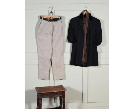 A MULBERRY LADIES RIDING INSPIRED OUTFIT CONSISTING OF:   A MULBERRY BLACK RIDING JACKET WITH VELVET COLLAR with two front po