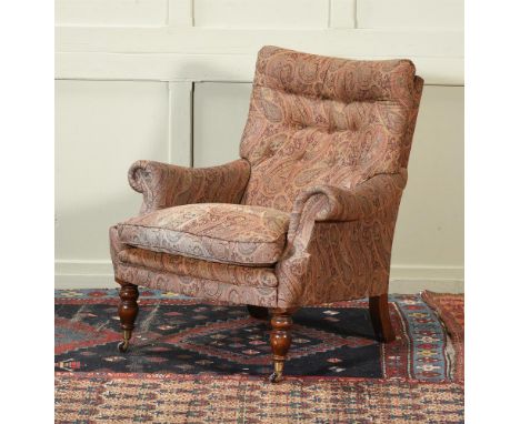 A MULBERRY AT HOME WALNUT AND PAISLEY UPHOLSTERED ARMCHAIR IN VICTORIAN STYLE  LATE 20TH CENTURY, IN THE MANNER OF GEORGE SMI