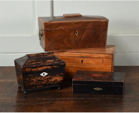 ROGER'S OWN COLLECTION OF TEA CADDIES AND BOXES VARIOUS DATES 19TH CENTURY Including: A CALAMANDER SARCOPHAGUS TEA CADDY, mea