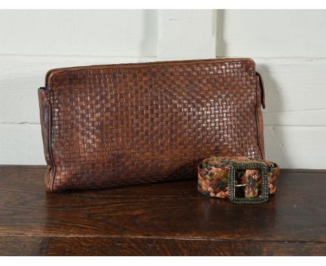 A MULBERRY BASKET WEAVE LEATHER ZIP CLUTCH BAG WITH A LEATHER BELT  A MULBERRY BASKET WEAVE TOAST LEATHER ZIP CLUTCH BAG, MAD