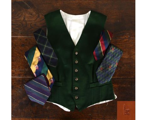 A MULBERRY WAISTCOAT, TIES AND CRAVAT A MULBERRY GREEN SUEDE WAISTCOAT, with six Mulberry logo buttons, lined and back in whi