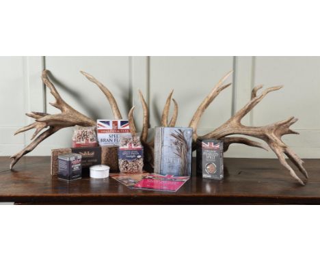 SHARPHAM PARK ORGANIC SPELT HAMPER SET WITH PAIR OF ANTLERS comprising: a white pot lid and cover with Sharpham Park logo, ar