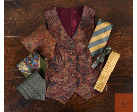A MULBERRY WAISTCOAT, CRAVATS, TIES AND A BOWTIE A MULBERRY PAISLEY WAISTCOAT, with Mulberry logo buttons and silk purple lin
