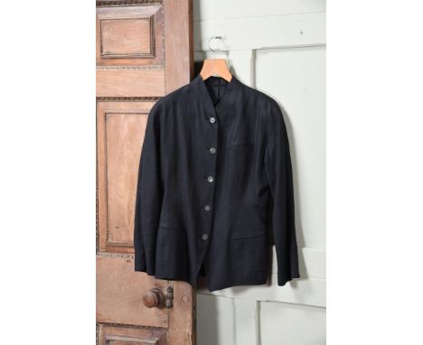 A MULBERRY BLACK LINEN NEHRU JACKET  With three front pockets, and five button fastening, lining linen with viscose  approxim