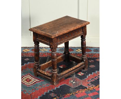 A MULBERRY AT HOME OAK JOINT STOOL IN 17TH CENTURY STYLE LATE 20TH CENTURY  Of traditional form 46cm high, 47cm wide, 28cm de