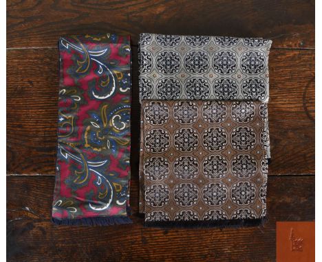 THREE GENTLEMANS EVENING SILK SCARVES A BURGUNDY PAISLEY WITH FLEEC LINING AND TASSELS, blue, green and yellow detailing, app