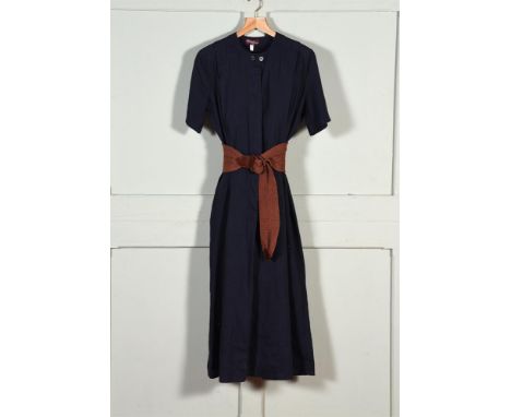 A MULBERRY NAVY LINEN COLLARLESS DRESS BUTTON THROUGH AND SHORT SLEEVE Fitted, size M  WITH A MULBERRY WIDE BROWN CROCHET BEL