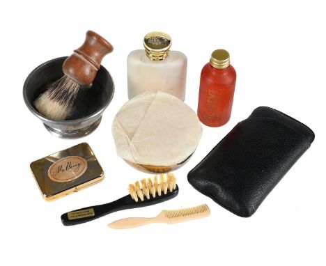 AN EARLY 1990'S MULBERRY GENTLEMAN'S REQUISITE COLLECTION Comprising of: Pewter shaving bowl with ebony Badger brush, a Moist