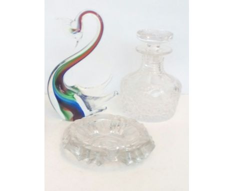 Good lot of glassware comprising  Art glass swan, frosted glass ashtray, decanter 