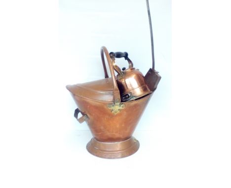 Copper helmet shaped coal scuttle and contents 